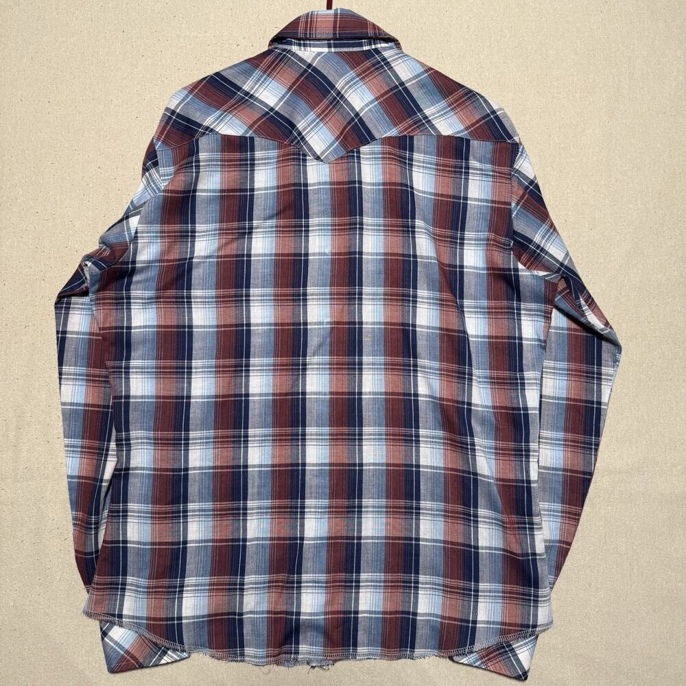 VTG Wrangler Shirt Mens Medium Blue Plaid Western Pearl Snap Sawtooth 70s 80s - Picture 2 of 7